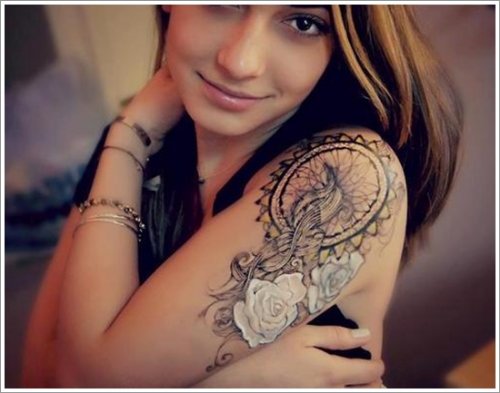 Grey Ink Dreamcatcher Tattoo On Left Shoulder